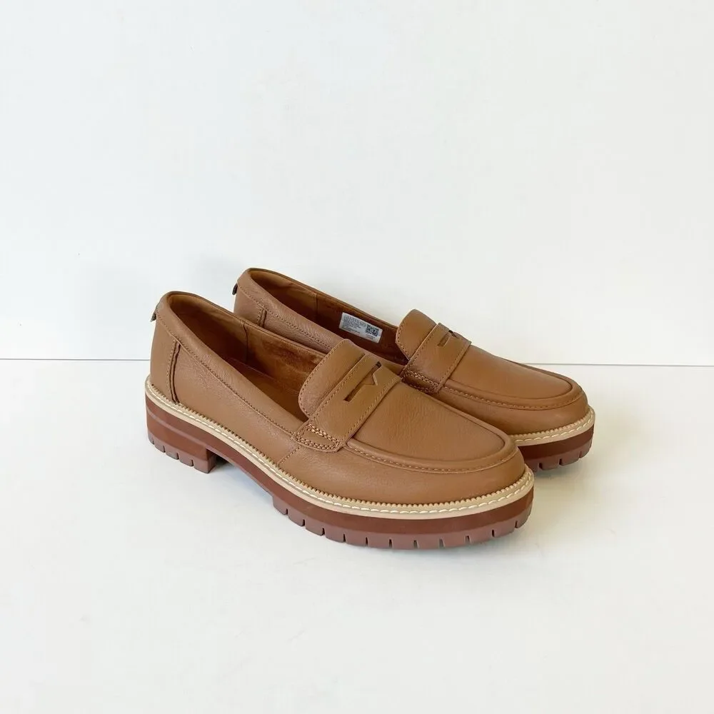 TOMS Cara Slip On Lug Platform Penny Loafers Flats Leather Camel Brown Size 9.5 - Picture 1 of 14